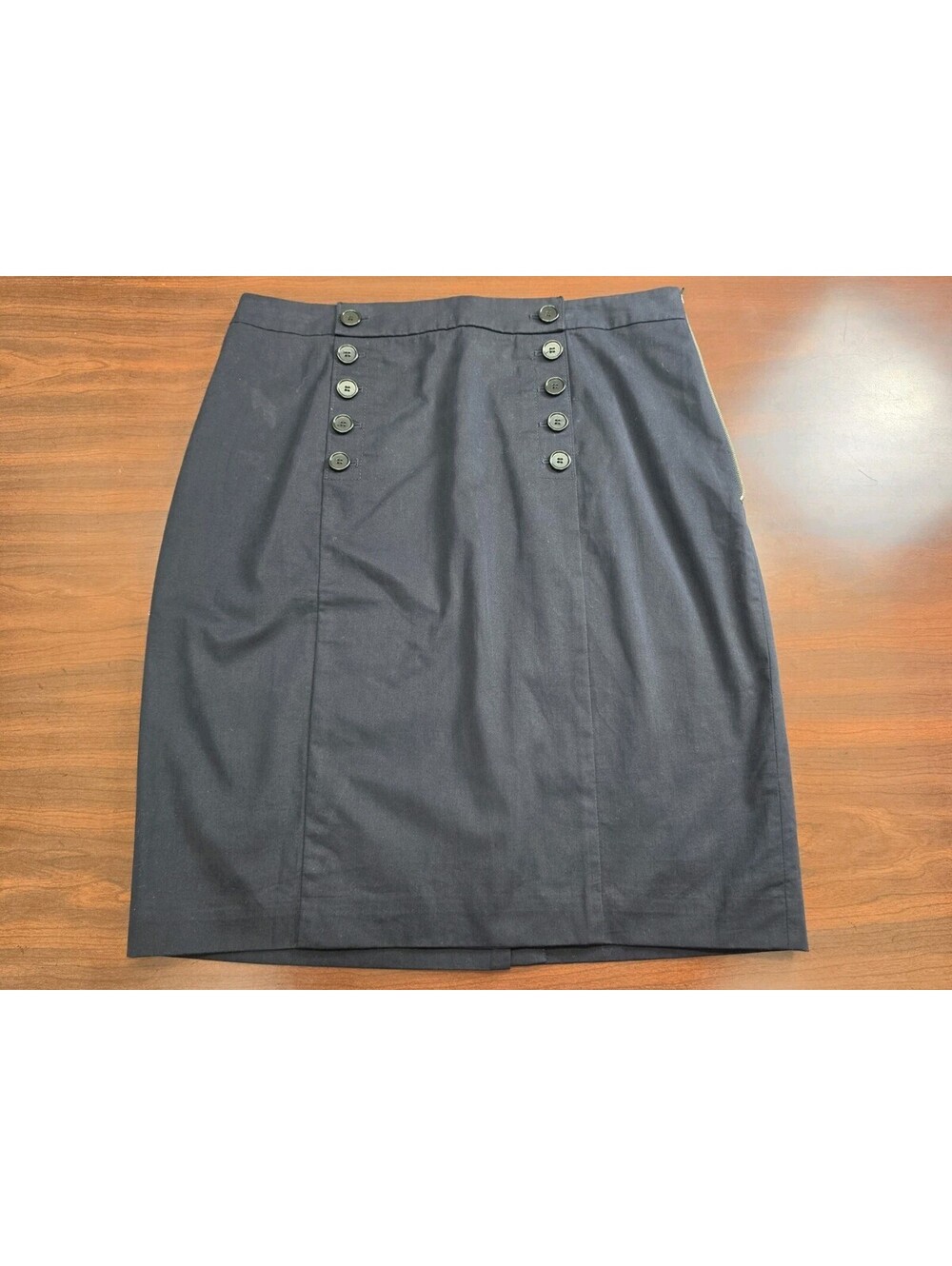 Ann Taylor Pencil Skirt Size 14 Navy Blue Button Detail Corporate Minimalist